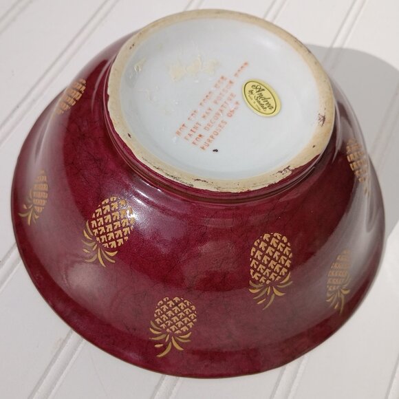 Andrea by Sadek Decorative Pineapple Bowl Gold and Maroon Embossed Scroll Trim - Picture 9 of 12